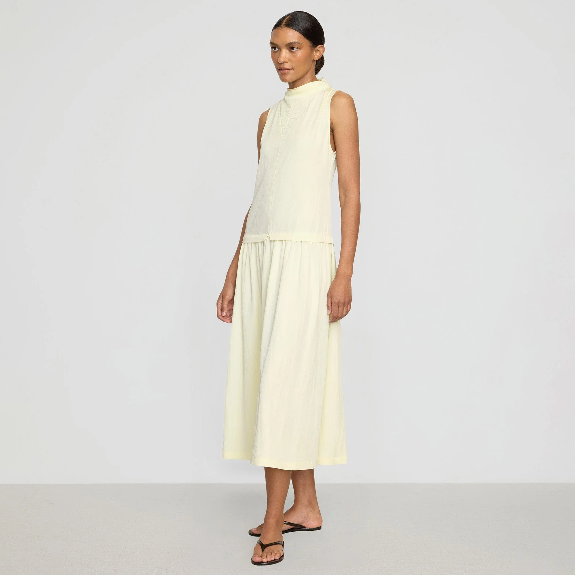 Chinon Drop-Waist Gathered-Neck Dress