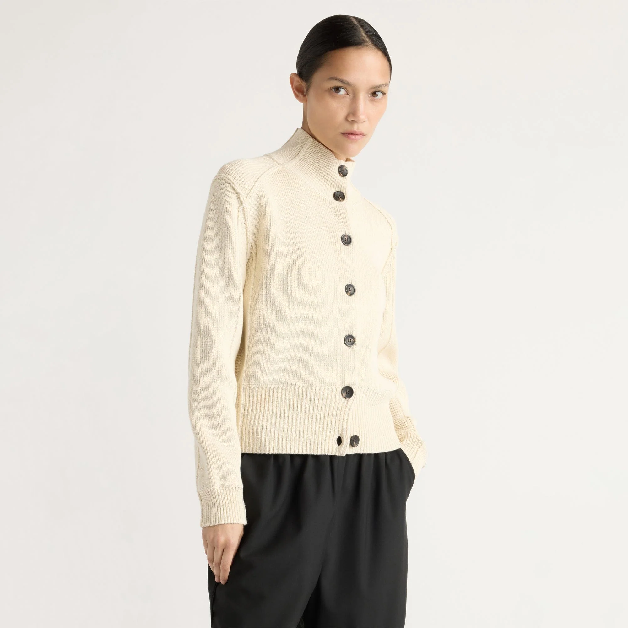 Clove Button Mock-Neck Knit Cardigan