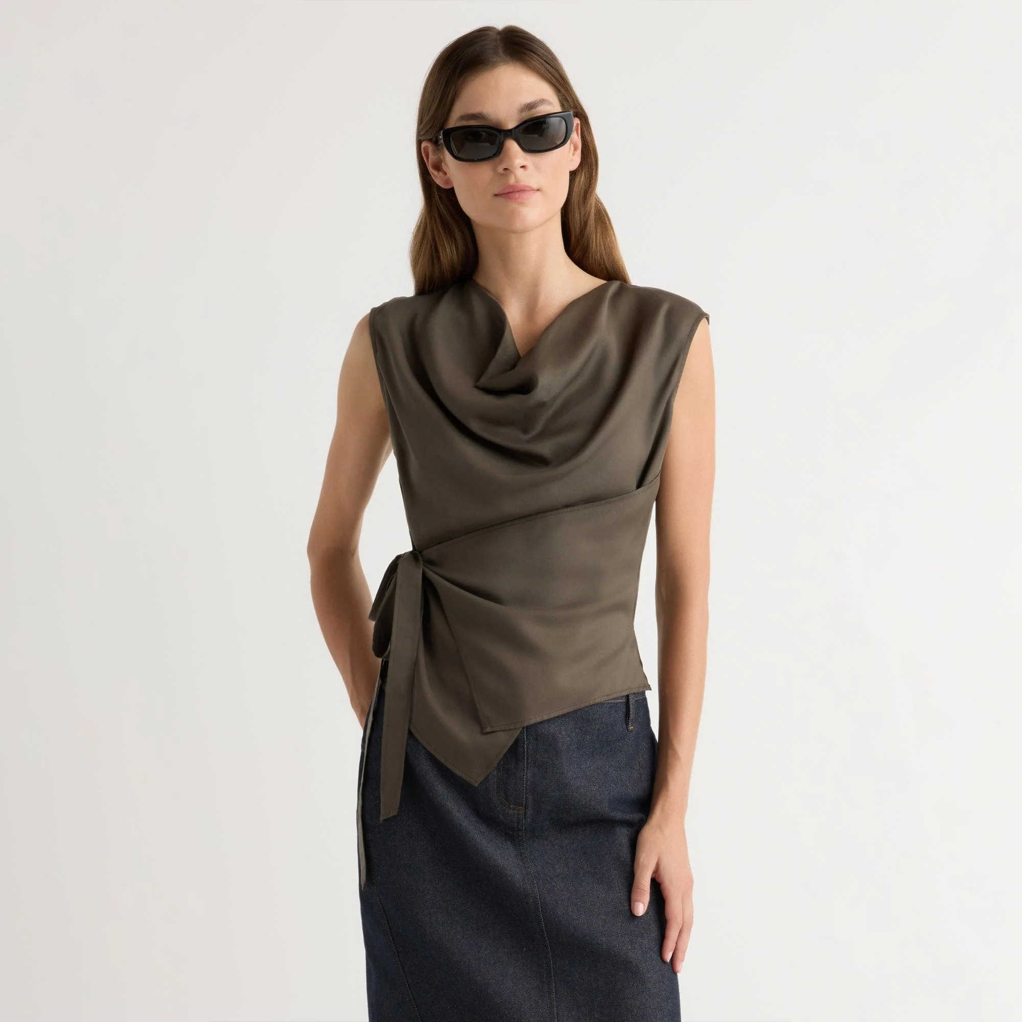 Dion Tencel Cowl-Neck Wrap Blouse