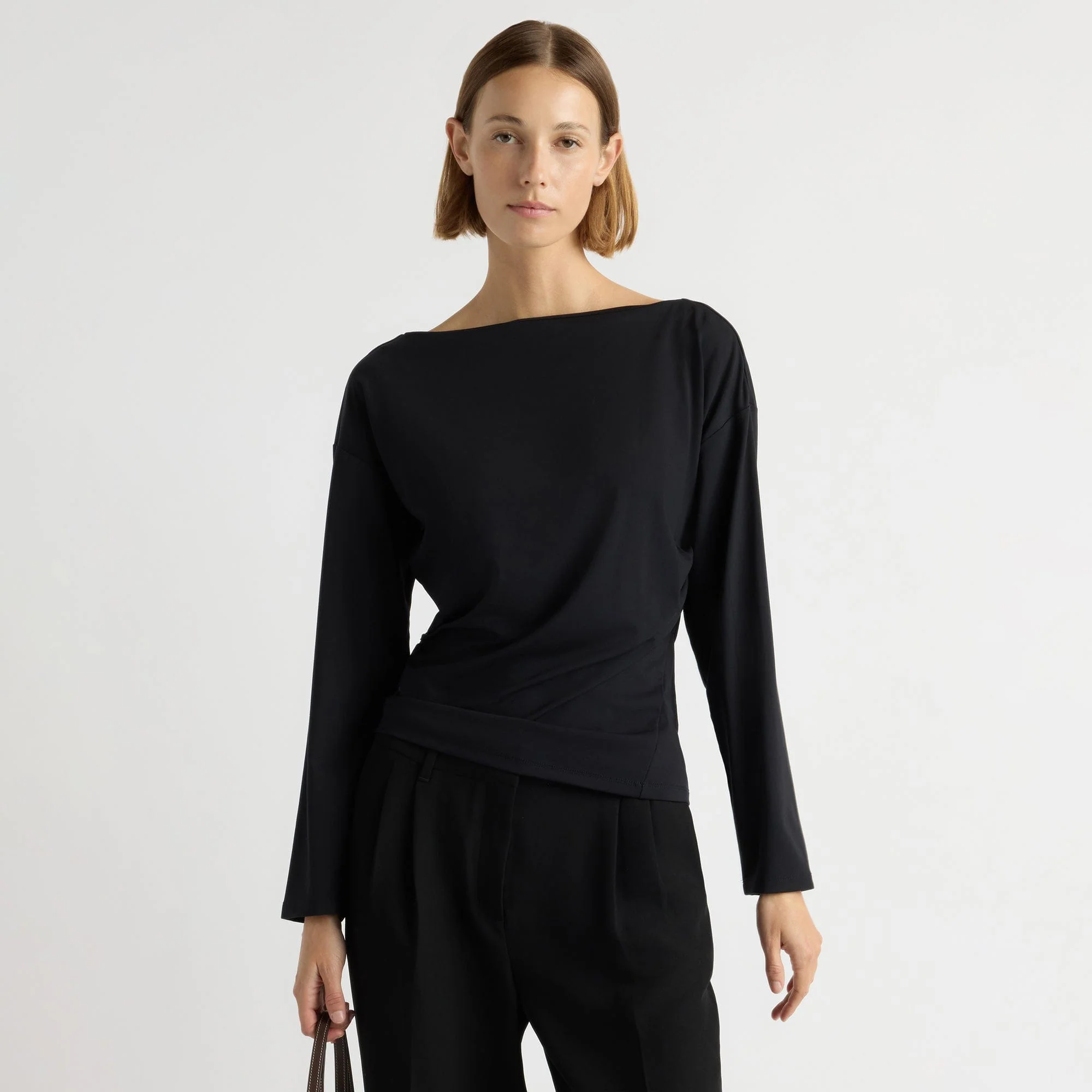 Letha Twisted-Hem Slit-Neck Tee