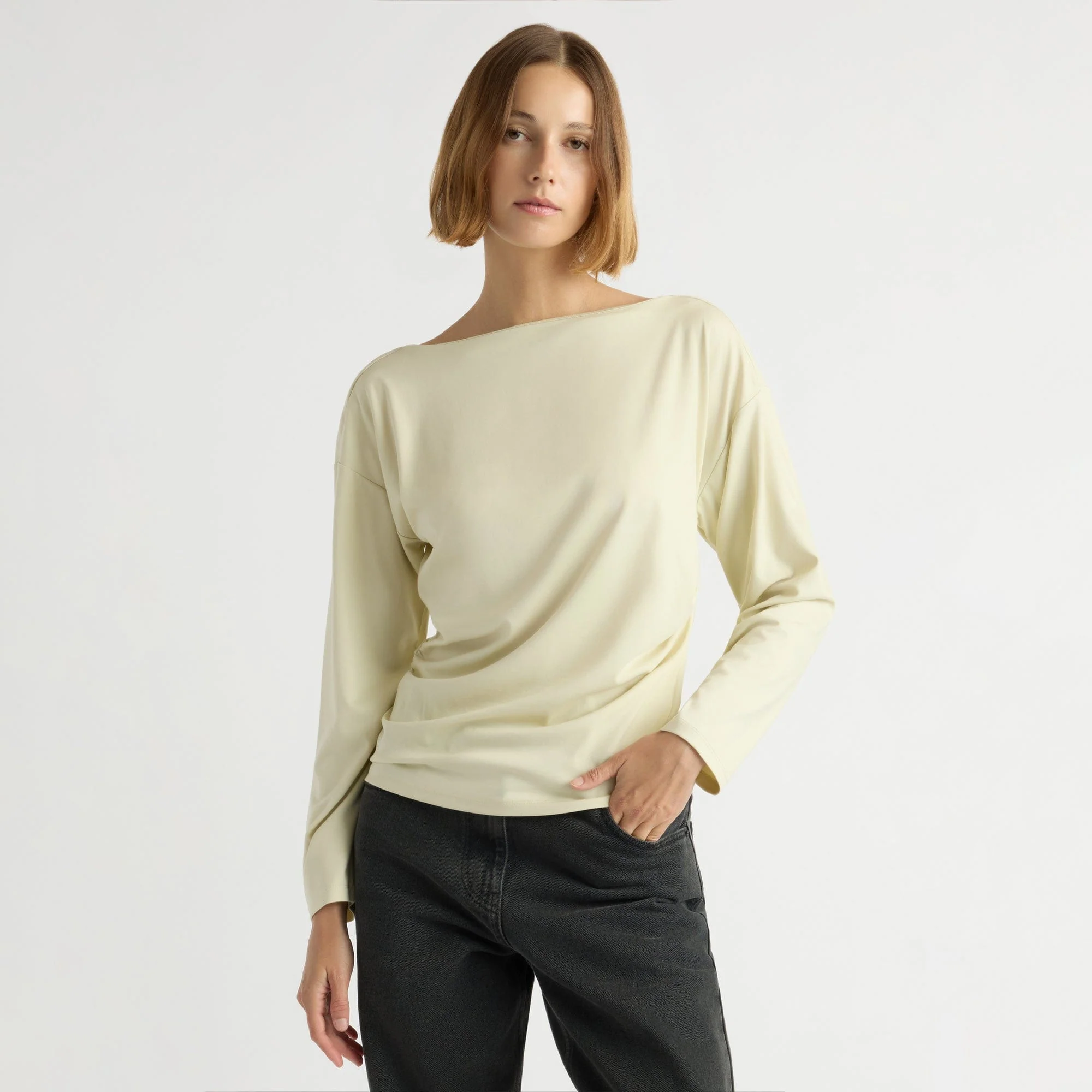 Letha Twisted-Hem Slit-Neck Tee